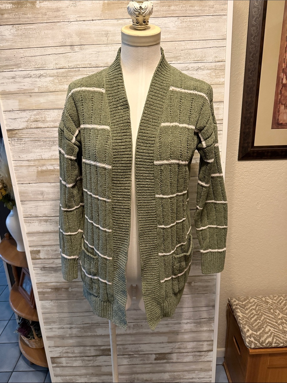 Chanel Olive green cardigan with cream stripe two front pockets